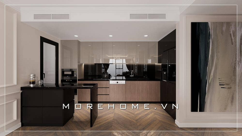 Thiết kế phòng bếp hiện đại với sự kết hợp tone màu đen- nâu nào nên không gian ấn tượng, huyền bí và sạch sẽ.